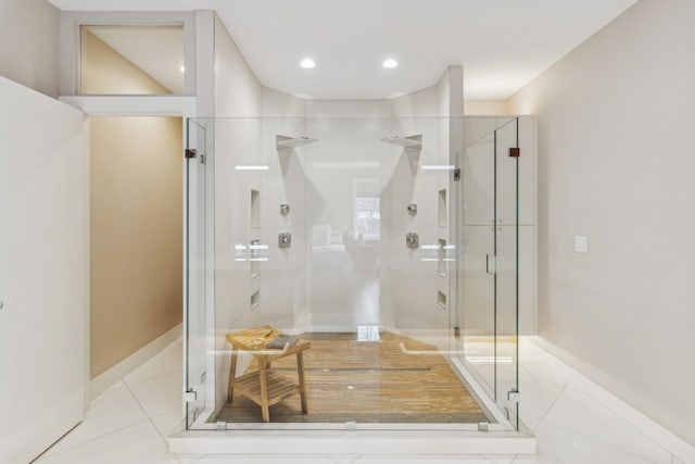 full bathroom with tile patterned floors, recessed lighting, and a stall shower