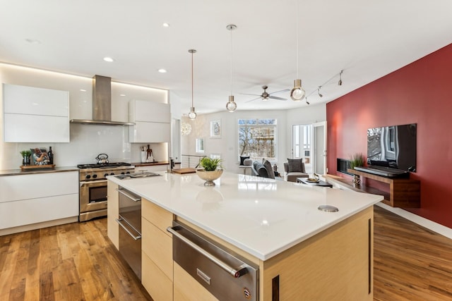 kitchen featuring ventilation hood, high end range, wood finished floors, a warming drawer, and modern cabinets