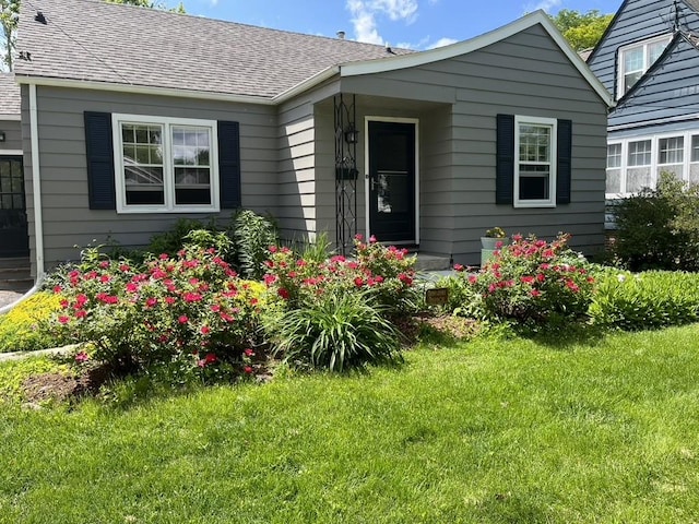 view of front facade with a shingled roof and a front lawn