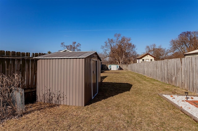 view of shed with a fenced backyard