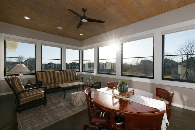 sunroom / solarium with ceiling fan and wooden ceiling