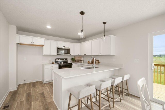 1506 E Girard Ave, Indianola, IA 50125 - kitchen featuring stainless steel appliances, a sink, light wood-type flooring, a peninsula, and light countertops