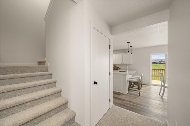 1506 E Girard Ave, Indianola, IA 50125 - stairway featuring wood finished floors and a textured ceiling