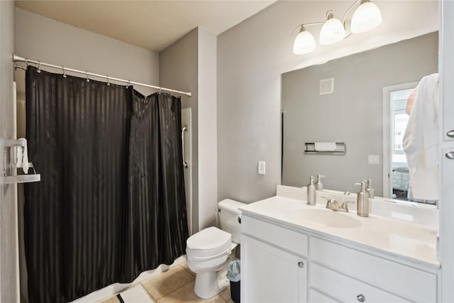 full bathroom with vanity, a shower with curtain, visible vents, tile patterned floors, and toilet