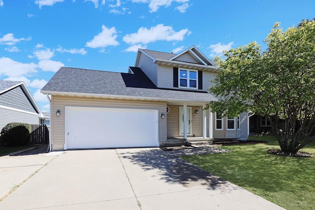 traditional-style house with a shingled roof, a front lawn, fence, a garage, and driveway