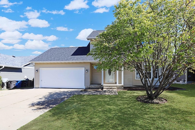 view of front of house featuring a garage, roof with shingles, concrete driveway, and a front lawn