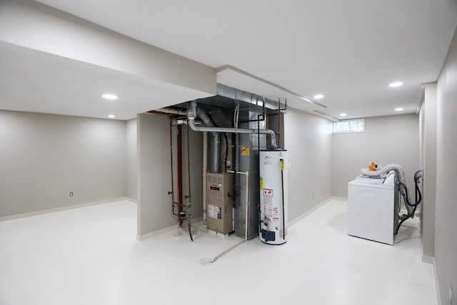 basement with heating unit, recessed lighting, gas water heater, and baseboards