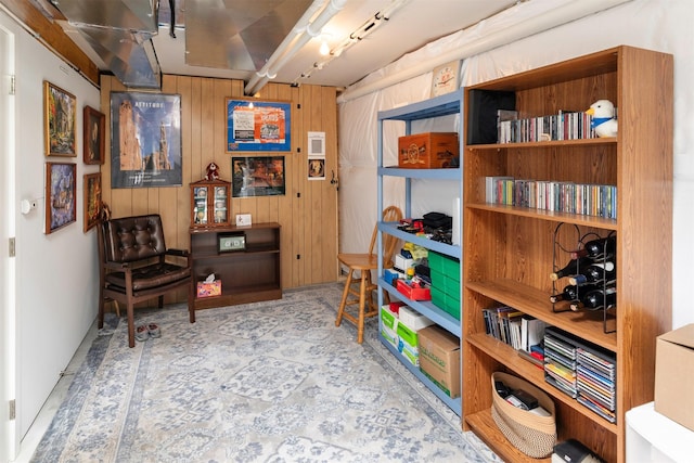 living area with wood walls