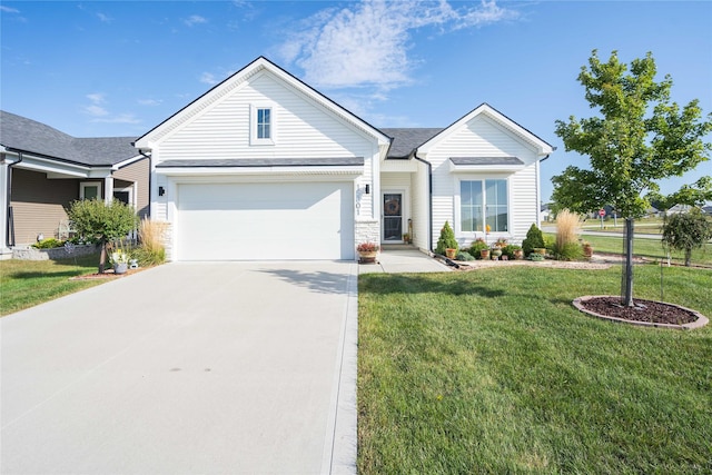 ranch-style house with a garage, driveway, and a front yard