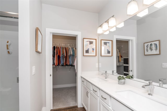 bathroom featuring a sink, baseboards, a spacious closet, and double vanity