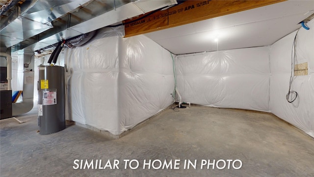 unfinished basement featuring water heater