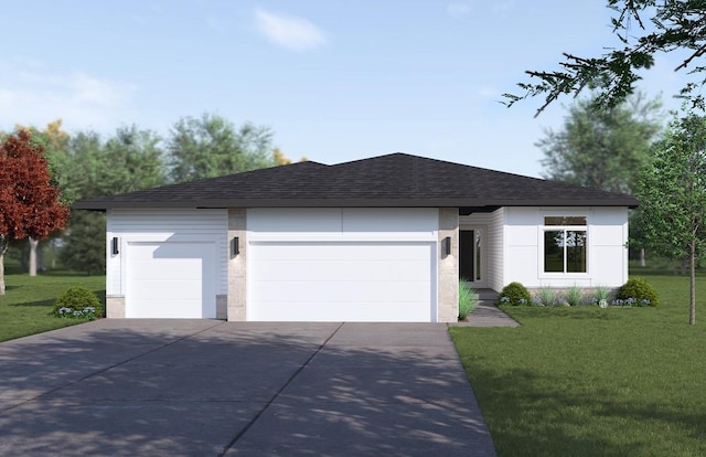 view of front of house featuring a garage, concrete driveway, a front lawn, and a shingled roof