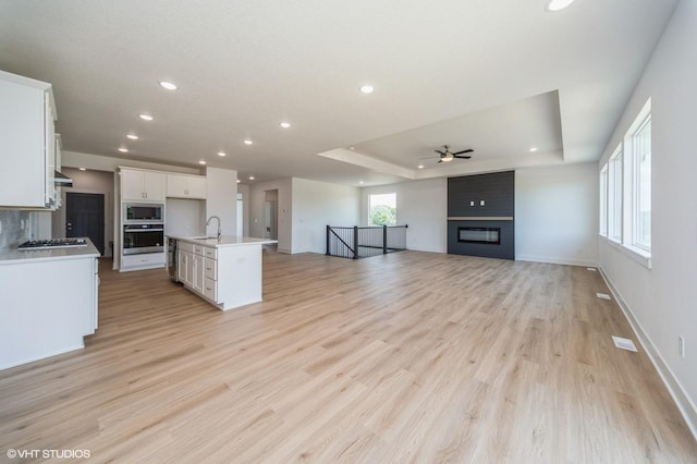 10022 NW 68th Ave, Johnston, IA 50131 - kitchen featuring stainless steel appliances, ceiling fan, a raised ceiling, white cabinetry, and light wood-type flooring
