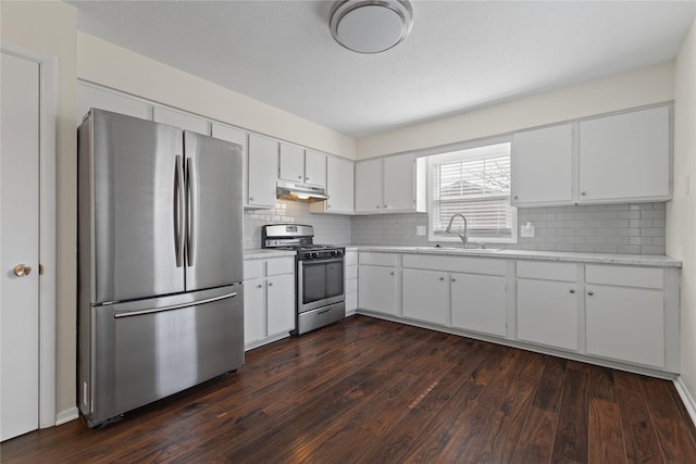 kitchen with a sink, dark wood-type flooring, under cabinet range hood, appliances with stainless steel finishes, and backsplash