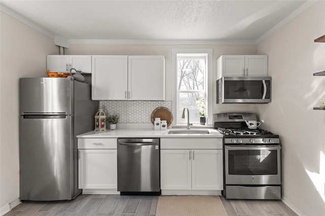 kitchen featuring wood tiled floor, a sink, stainless steel appliances, light countertops, and backsplash