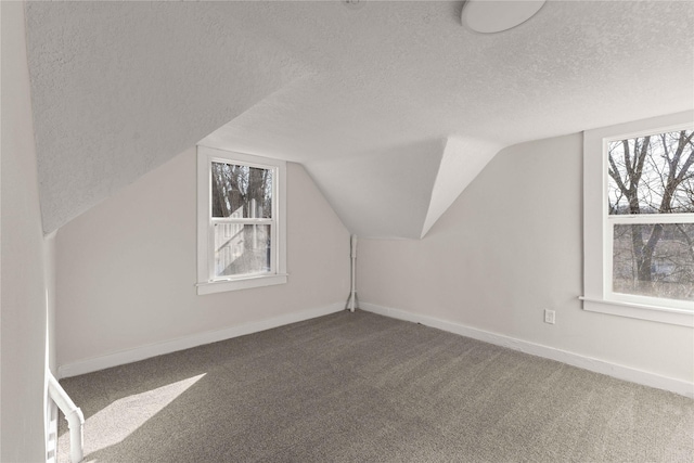 additional living space featuring baseboards, carpet, lofted ceiling, and a textured ceiling