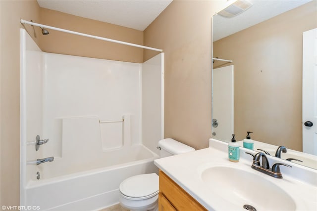 full bath featuring visible vents, toilet, shower / tub combination, vanity, and a textured ceiling