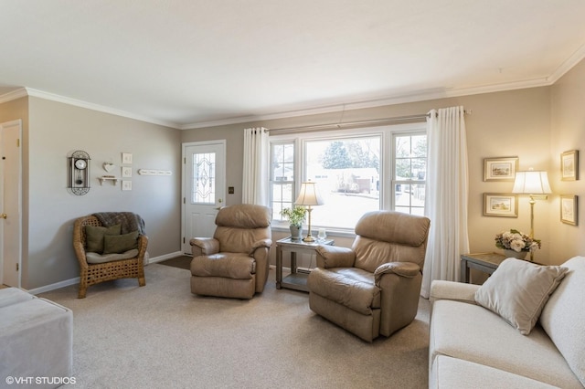 living area featuring carpet flooring, baseboards, and ornamental molding