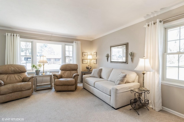 carpeted living area featuring a wealth of natural light, baseboards, and ornamental molding