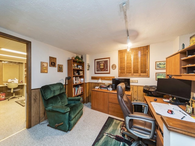 office area with a wainscoted wall, a textured ceiling, wooden walls, and carpet floors