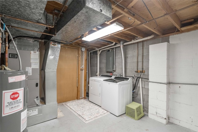 unfinished below grade area with water heater, heating unit, electric panel, and separate washer and dryer