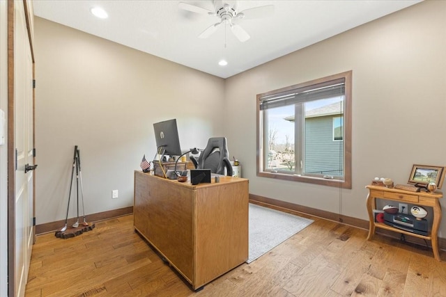 home office with recessed lighting, baseboards, light wood-style flooring, and a ceiling fan