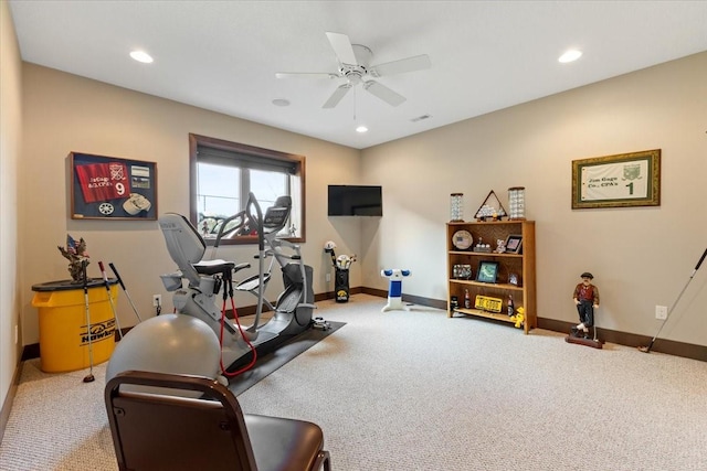 workout area featuring recessed lighting, baseboards, and a ceiling fan