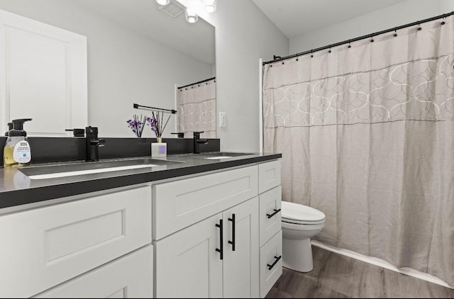 bathroom featuring double vanity, toilet, wood finished floors, and a sink