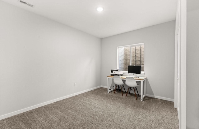 carpeted office with recessed lighting, visible vents, and baseboards