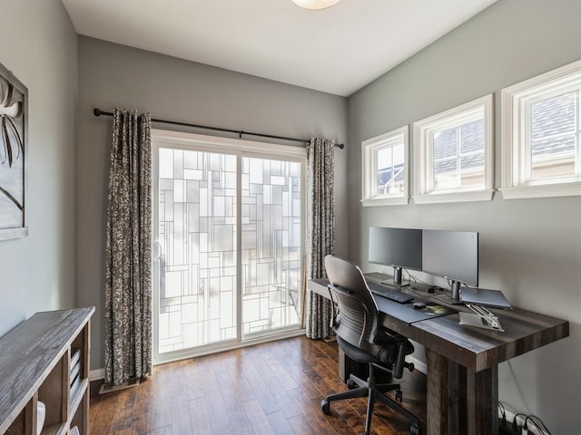 office featuring baseboards and dark wood-style flooring