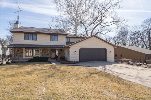 traditional home featuring a chimney, a front lawn, concrete driveway, a garage, and brick siding