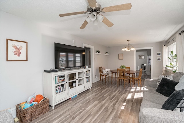 living area featuring ceiling fan with notable chandelier, light wood-style floors, baseboards, and a textured ceiling