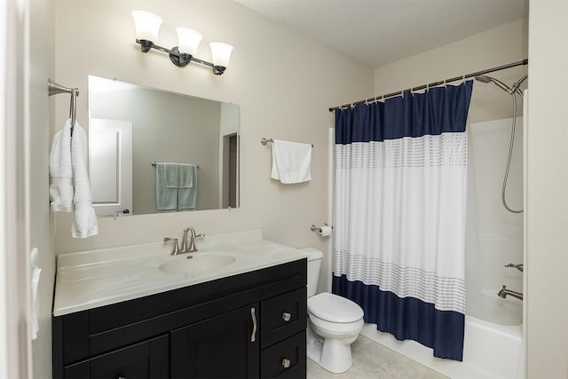 full bathroom featuring vanity, tile patterned floors, toilet, and shower / bath combo