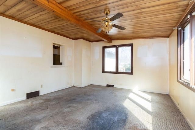 unfurnished room with beam ceiling, wooden ceiling, carpet, and ceiling fan