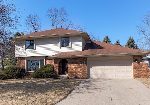 view of front of property featuring an attached garage, brick siding, driveway, and a shingled roof