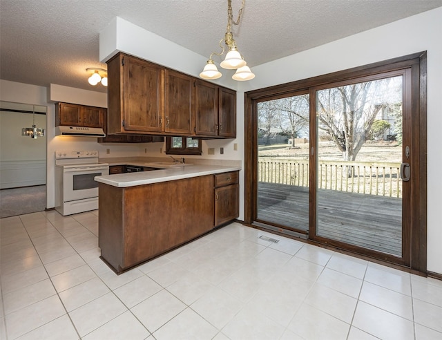 kitchen with visible vents, a peninsula, light countertops, electric stove, and under cabinet range hood