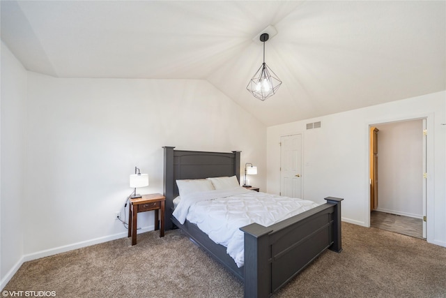 bedroom featuring lofted ceiling, carpet, visible vents, and baseboards