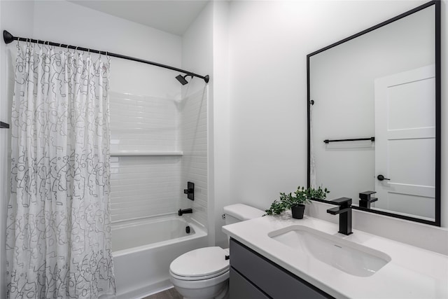 bathroom featuring vanity, toilet, and shower / tub combo with curtain