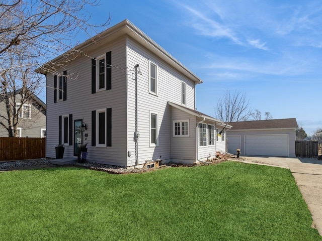 view of front facade featuring concrete driveway, a front lawn, a garage, and fence