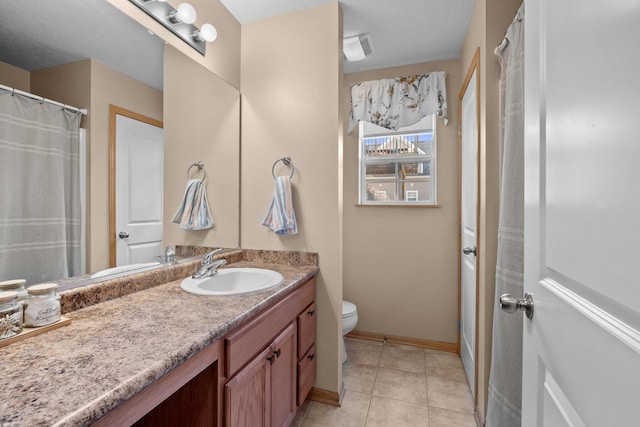 full bath with visible vents, baseboards, toilet, tile patterned floors, and vanity