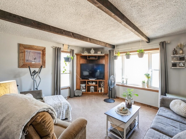 living area with beam ceiling, carpet flooring, baseboards, and a textured ceiling