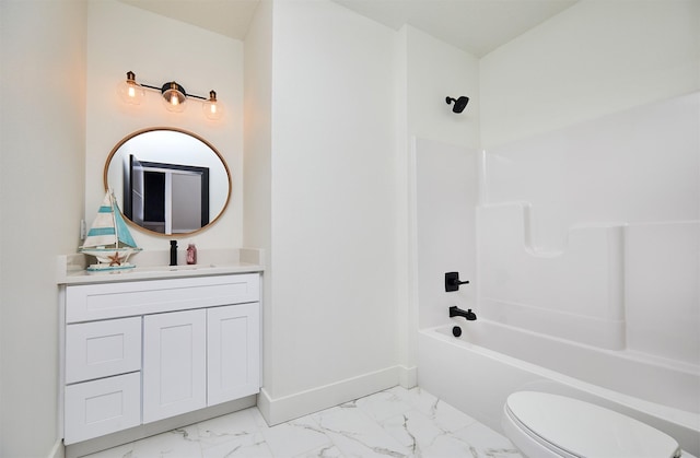 bathroom with vanity, baseboards, shower / bath combination, toilet, and marble finish floor