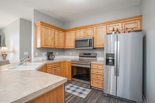 kitchen with a sink, light countertops, dark wood finished floors, and stainless steel appliances