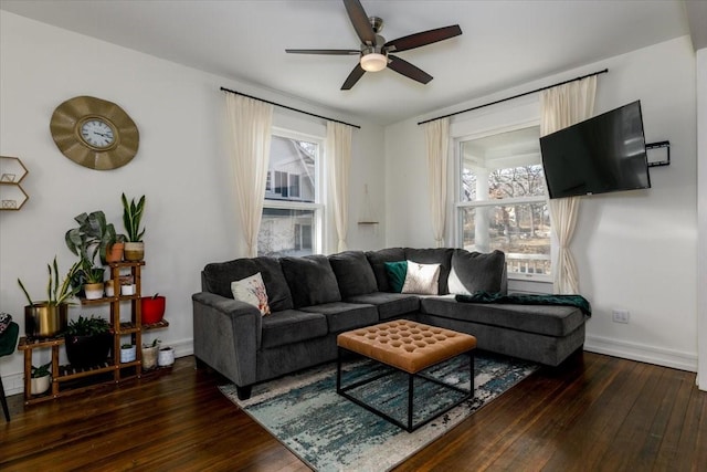 living room featuring plenty of natural light, wood-type flooring, and a ceiling fan