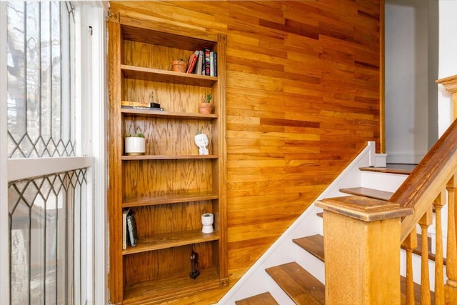 stairway with wood walls