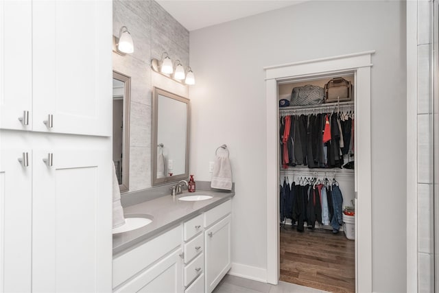 full bathroom featuring a sink, baseboards, double vanity, and a spacious closet