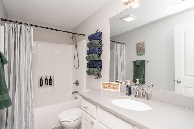 full bathroom featuring vanity, shower / bath combination with curtain, toilet, and visible vents