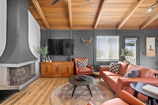 living area featuring wood walls, lofted ceiling with beams, wood ceiling, and light wood-type flooring