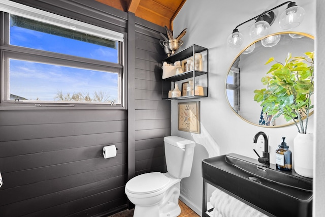 half bath featuring wooden walls, toilet, and vanity