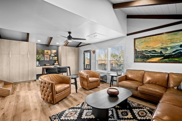 living room with recessed lighting, ceiling fan, vaulted ceiling with beams, and light wood finished floors